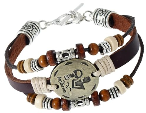 Bracciale Vintage In Pelle Con 12 Costellazioni Del Segno Zodiacale Con Chiusura Ot, Bracciale Avvolgente Intrecciato Multistrato Fatto A Mano Con Perline Di Legno Per Donna E Uomo, Acquario, 21 Cm