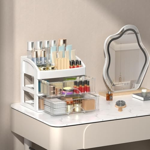 BlissfulAbode Scatola portaoggetti in ABS con scomparti e cassetti trasparenti, progettata per organizzare cosmetici e prodotti per la cura della pelle in modo efficiente su qualsiasi piano di lavoro