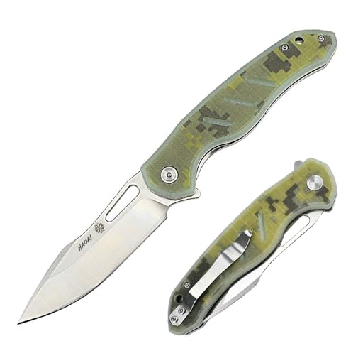 HAOAI Couteau de Poche Pliant avec Lame en 5Cr14MoV Acier Inoxydable Manche Ergonomique en G10 Clip de Ceinture Couteau de Table Randonnée Camping Bivouac (Camouflage)
