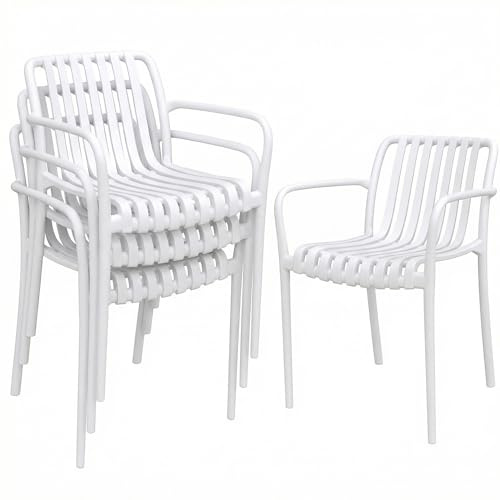 Outsunny Juego 4 Sillas Jardín Exterior Apilables PP 55x58,5x81,5 cm Blanco | Sillas Terraza Exterior, Respaldo Curvado, Asiento de Listones, Reposabrazos