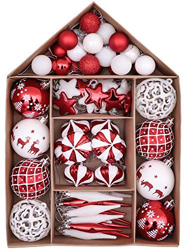 Victor's Workshop Weihnachtskugeln 70tlg. Kunststoff Christbaumkugeln Weihnachtsdeko Weihnachtsbaum Dekoration Set Plastik Ornament Weihnachten Deko mit Anhänger Oh Hirsch Thema Rot Weiß