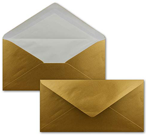 50 x DIN Lang Briefumschläge - Gold mit weißem Seidenfutter - 11x22 cm - 100 g/m² - ideal für Einladungen, Weihnachtskarten, Glückwunschkarten aus der Serie Farbenfroh
