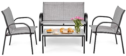 COSTWAY Set da Giardino con 4 Pezzi, Set da Giardino per Chiacchierare, Sedie da Giardino con Tavolino in Vetro, con Struttura Resistente in Ferro, Tessuto a Rete Traspirante (Grigio)