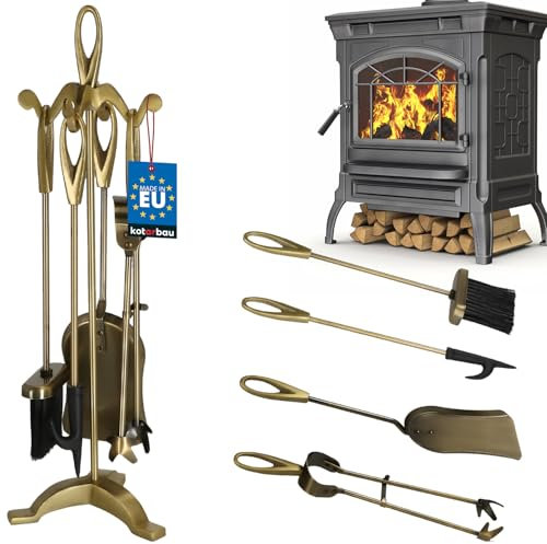 KOTARBAU® Juego de herramientas para chimenea de metal dorado, Set de 5 piezas: escoba, pala, pinzas y atizador de ceniza con soporte de pie de cristal, Herramientas para estufa latón, Retro