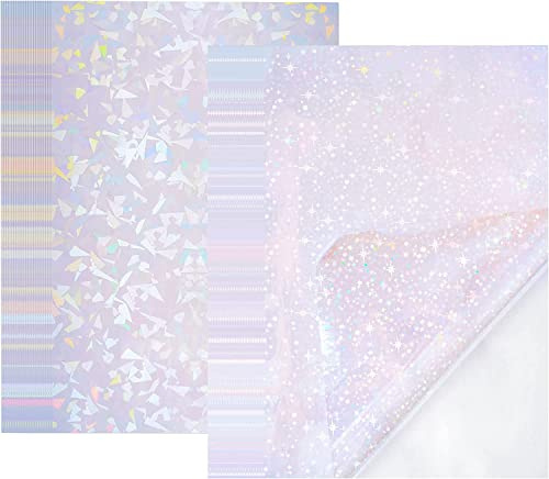 Belerry 2 Types 20 Sheets Transparent Holographic Overlay Lamination Vinyl A4 Size Self-Adhesive Laminate Waterproof Vinyl Sticker Paper, Transparent film with gem spot rainbow star patterns