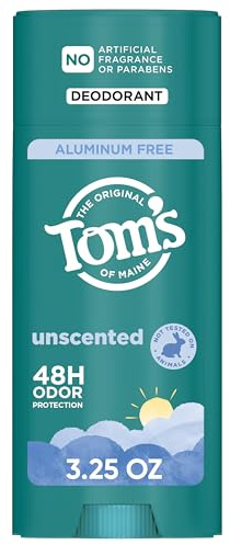 Tom’s of Maine Unscented Natural Deodorant for Men and Women, Aluminum Free, No Artificial Fragrances, Dyes, or Preservatives, Baking Soda Free, 48 Hour Odor Protection, 3.25 oz