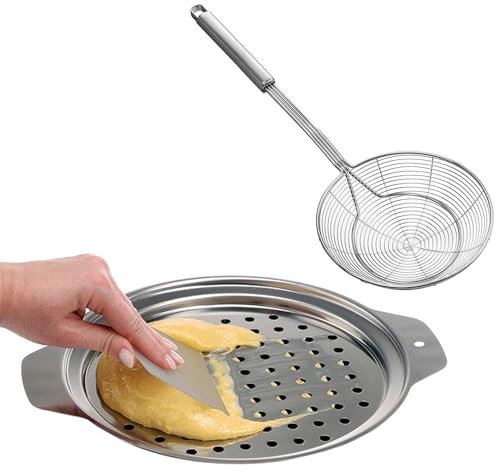 Stainless Steel Spaetzle Maker Lid with Scraper - Stainless Steel Spider Strainer Skimmer Spoon Pasta Spoon, Traditional German Egg Noodle Maker Set Pan Pot Spaghetti Strainer