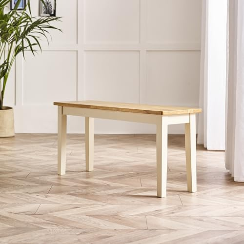 Furniturebox UK Small Wood Dining Bench - Tenby Cream Wood Indoor Bench Stool - Dining Kitchen Bedroom - Pale Oak Stain Seat Cream Legs - Bright Fresh Modern Traditional Farmhouse Dining Furniture