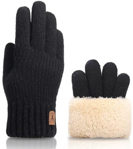 GWAWG Gants d'hiver en tricot pour écran tactile - En pure laine - Thermique - Pour homme et femme - Pour le ski et les sorties - Chaud à la maison - Noir - Taille unique