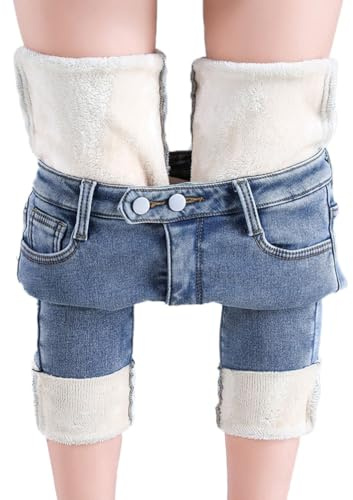 seiveini Jean d'hiver Doublé en Polaire Femme Jeans Polaire Thermique Taille Haute Jeans Leggings Extensible Jeans Chaud Épais Denim Legging Stretch Coupe Ajustée G Bleu Clair 32