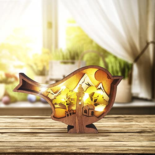 ACAREY Ostern Deko Figuren aus Holz, 3D Hohle Osterhasen Deko Osterdeko Figuren mit LED, Holz Ostern Hase Deko, Oster Deko Hase Figure Für Dekoration, Frühlingsdeko, Tisch Deko, Geschenk (Vogel)