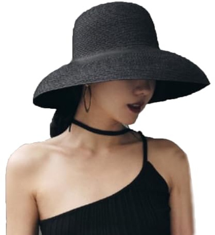 WUODHTW Damenhut mit breiter Krempe, Strohhut, Sonnenhut, Sonnenhut, Mädchen, Fischerhut, kalter Hut, Schwarz , Einheitsgröße