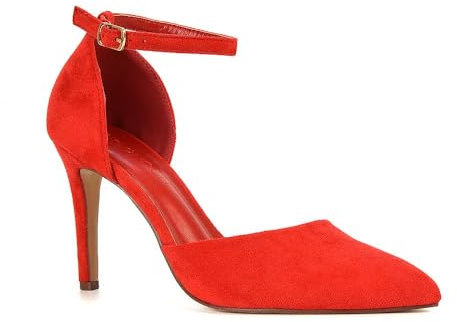 Women's Stiletto D'Orsay Point Toe Court Shoes Ladies Red Faux Suede Ankle Strap Party Classic Heel Pumps Size 5
