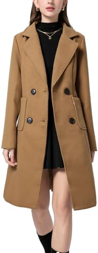 Vanchenl Cappotto da donna invernale in misto lana, con colletto dentellato, doppiopetto, revers, lunghezza media, giacca esterna, cachi, S