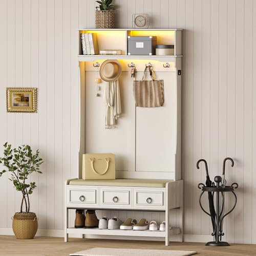 Lvifur Garderobenständer mit Gaderobenhaken und Schuhregal mit Sitzfläche,Garderobenständer mit ablage und 3 Schubladen,Garderobe freistehend Kleiderschrank mit LED-Leuchte 40T x 86B x 170H cm