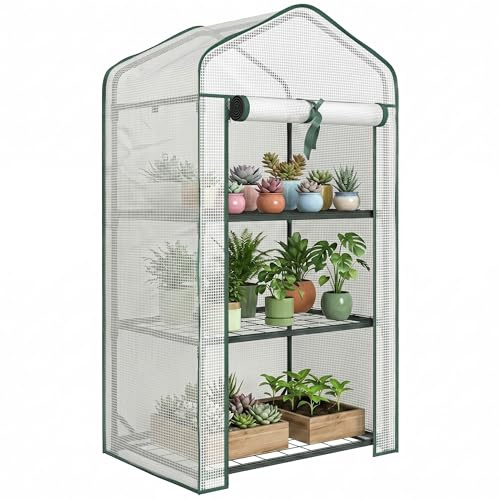 Outsunny Invernadero de Jardín de 3 Niveles Invernadero de Terraza con 3 Estantes Puerta con Cremallera Marco de Acero Cubierta PE 140g/m² para Cultivo de Plantas Flores Verduras 59x39x127 cm Blanco
