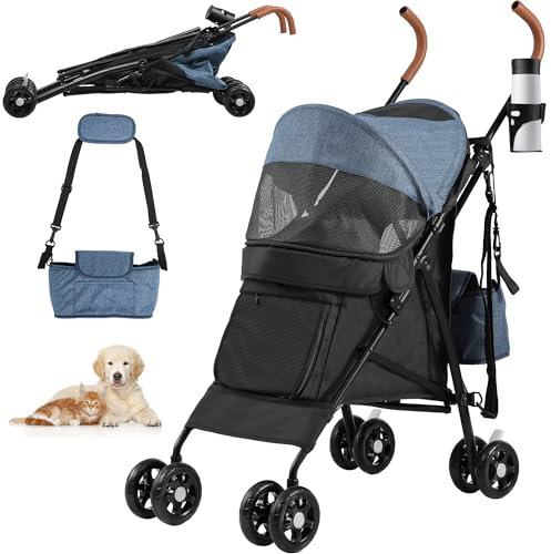 YITAHOME Haustierbuggy für mittelgroße Hunde, 4-Rad-Hundebuggy mit Schultergurten, faltbarer Haustier-Reisewagen mit Getränkehalter und Aufbewahrungstasche (Blau Schwarz)