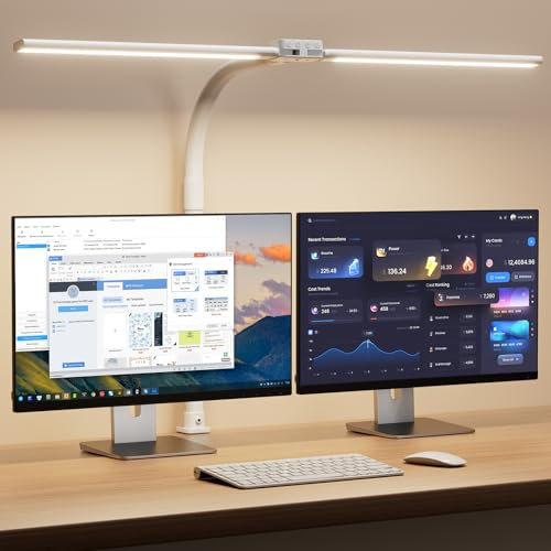 SIBRILLE Lampara Led Escritorio con Pinza, Lámpara De Escritorio Giratoria Para Ordenador Y Oficina En Casa, Lámpara De Escritorio Regulable Ajustable Con Cuello De Cisne, Doble Cabezal, Blanco