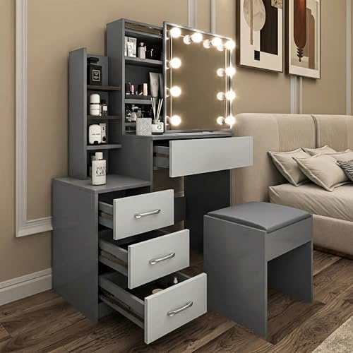Blisswood Dressing Table with Mirror and Stool – Makeup Vanity Desk with 4 Drawers, 3 Open and Hidden Storage Shelves, 10 LED Bulbs, Modern Make up Dresser for Bedroom Living Room (Grey/Silver Grey)