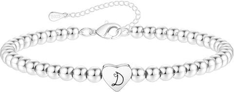 Crownette S925 Silver Bead Bracelet for Women Adjustable Heart Initial Letter Bracelet Birthday Jewellery Gift (D)