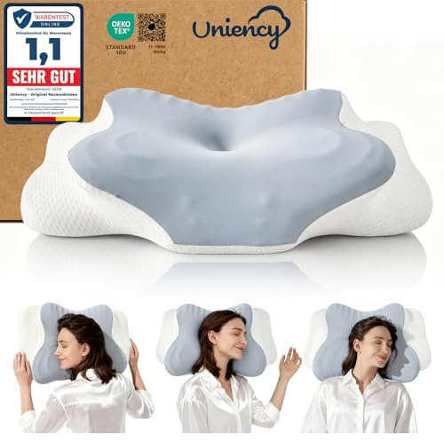 Uniency Original Nackenkissen Kopfkissen, Ergonomisches Memory Foam Kissen - Orthopädisches Nackenstützkissen für alle Schlaftypen: Seiten-, Rücken- & Bauchschläfer (Blau)