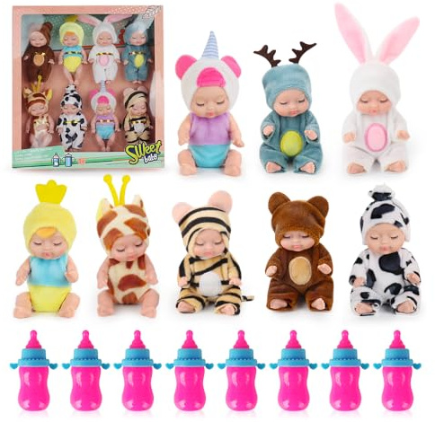JOAASU Bambole Set, 8 Pezzi Bamboline Piccole, Bambole per Bambina con 8 Bottiglia, Vestiti Intercambiabili, Bambole Familiari in Gel di Silice Set, per Bambini Ragazzi Ragazze