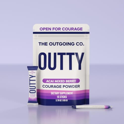 The Outgoing Co. OUTTY Courage Powder Social Energy & Mood Support Drink Mix With Taurine, L-Theanine & Oroxylin A Stress Relief, Mental Clarity & Alcohol Alternative Acai Mixed Berry (15 Stick Packs)