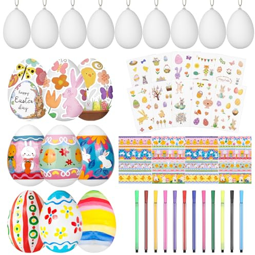 LIHAO Huevos de Pascua Blancos de plástico, 12 Unidades Decoración para Huevos de Pascua, Decorativos DIY Pintados con lápices de Colores y Pegatinas de plástico