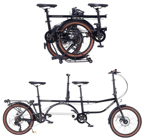 ECOSMO Tandem Bike - Folding Bike - Adult 20 Inch Bicycle - City Bike 7 Speed - Dual Disc Brakes - 4-Way Folding - Hi-Ten Steel Frame -Rear Rack Mudguard Bell Kickstand- Black Weight 30kg-20TF02BL