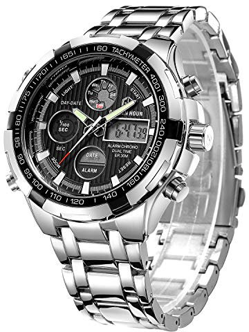 Affute, lussuoso orologio da polso da uomo in acciaio, analogico e digitale, con LED, sportivo, stile militare, colore nero e argento