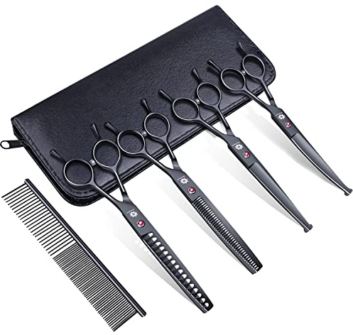 Dream Reach Dog Grooming Scissors Kit(Curved, Straight, Thinning, Chunker) | 7 In, Safety Round Tips, Dog Scissors with Comb, Stainless Steel, Sharp & Durable, Ambidextrous, for Dogs & Cats