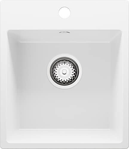 PRIMAGRAN Evier Cuisine en Granit Blanc 38x44cm, Lavabo 1 bac + Kit de Vidage, Évier à Encastrer al mueble 40cm - Riga Easy S002