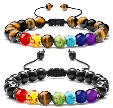 Yhuasia Chakra-Armband, 2 Stück Chakra-Armband aus Lavastein, 7 Chakren, Reiki-Perlen, Armband, für Männer und Frauen, Schmuck, Armbänder zum Geburtstag, Einheitsgröße, Lavastein, Edelstein Bernstein,