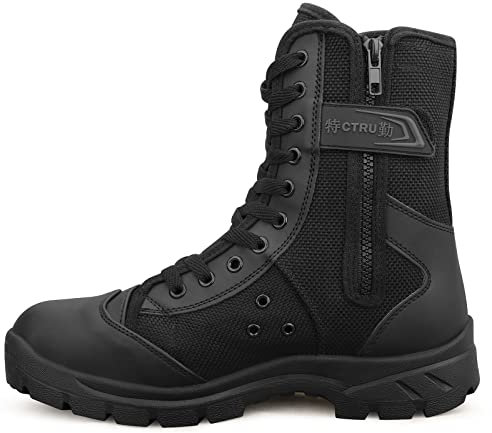 QUNLON Einsatzstiefel Herren Kampfstiefel Komfort Springerstiefel Militär Stiefel mit Reissverschluss Tactical Boots Schwarz SN307-B-46EU