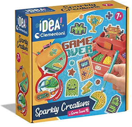 Clementoni - Idea-Sparkly Creations-Game Icons Painting, Diamond Art, Art Kit, Gem Laboratory, Creative Play Children 7 Years, Multilingual Color, 18774
