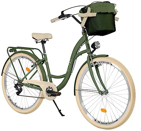 Balticuz OU Bici comfort cestino, bici olandese, bici da donna, bici da città, retrò, vintage, 26 pollici, verdecrema, 7 velocità