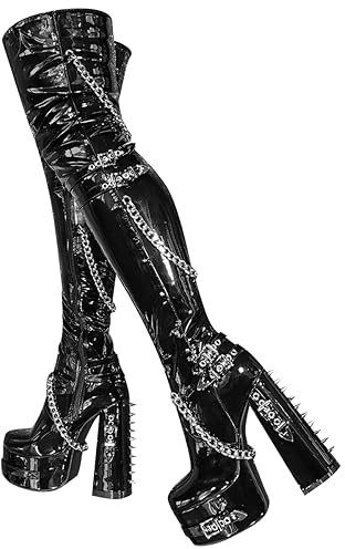 blingqueen Damen Overknee Plateau Blockabsatz Stiefel Punk Boots Zipper Metallic Schwarz 46 EU