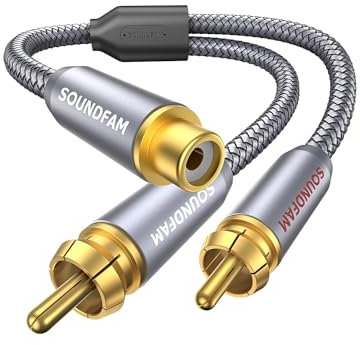 SOUNDFAM PREMIUM Cinch Splitter 1-RCA Buchse auf 2-RCA Stecker Subwoofer Splitter Kabel Cinch Y Adapter für Subwoofer, Verstärker (30cm/Grau/[2M-1F])