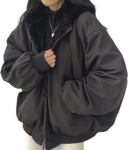 Sumleno Chaqueta Sherpa para mujeres, adolescentes y niñas, reversible, con cremallera Y2K, sudadera con capucha de forro polar grunge, abrigo de invierno, ropa coreana Cutecore, Negro, Large
