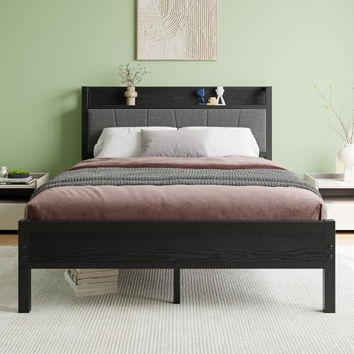 BORPHOM Marco de cama doble con cabecera de almacenamiento de madera, base de cama tapizada de metal resistente, base de colchón/soporte de listones de acero fuerte/almacenamiento debajo de la