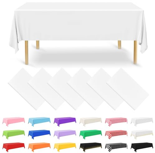 NACHLYNN 6 Pack Disposable Plastic Tablecloths 54 x 108 Inch White Rectangle Table Cover for Holiday Party Engagement Weddings Baptism Birthday Decoration