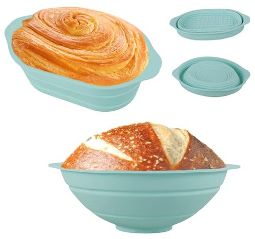 2 cestini per lievitazione del pane, in silicone, rotondi da 25,4 cm e ovali da 28 cm, pieghevoli, impermeabili, per lievitazione di lievito naturale, per la preparazione del pane a lievito madre