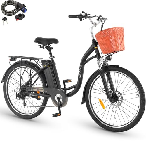 DYU C6 Vélo Électrique, 26 Vélo Électrique pour Adultes, 36V 12,5Ah Batterie Amovible, 65 km Autonomie, 7 Vitesses, 250W Moteur, Ville E-Bike avec Panier, Frein à Double Disque, Noir