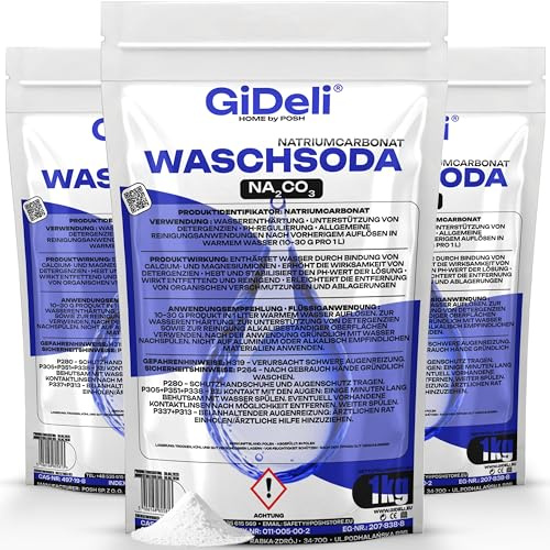GiDeli Waschsoda 3x1kg - Soda i pulver för blekning och avfärgning - Rengöringsmedel för tvättmaskin och avloppsrengörare - Natriumkarbonat för vidbrända kastruller samt för rengöring av kakel