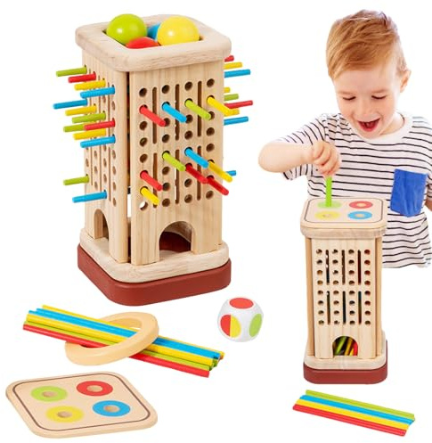 Eoixuqba Juego De Palos De Madera | Juego Familiar de Torre con Palitos de Colores y Dado, Educativo Familiar para Motricidad Fina Lógica Y Paciencia