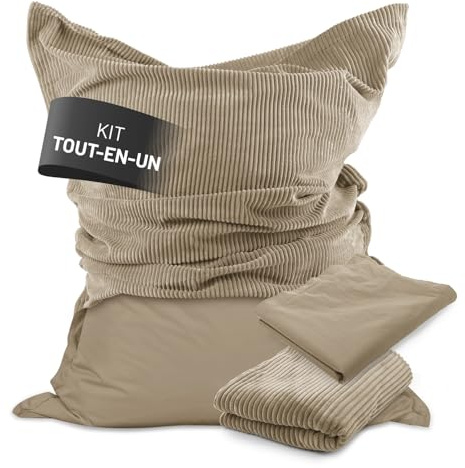 Lumaland Pouf Classic XXL Set tout-en-un | Énorme pouf XXL avec housse en corde et pour l'extérieur, pour l'intérieur et l'extérieur | Fauteuil canapé avec remplissage EPS emballé en toute sécurité