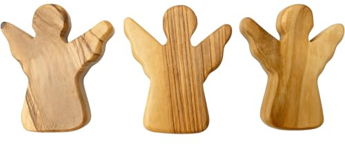 Zuluf Set of 3 Olive Wood Angel Figurines – Small Wooden Guardian Angels for Prayer, Blessings & Decor | Tiny Angel Gifts for Home, Religious Funeral Favors, Family Keepsake Set | HLG025A