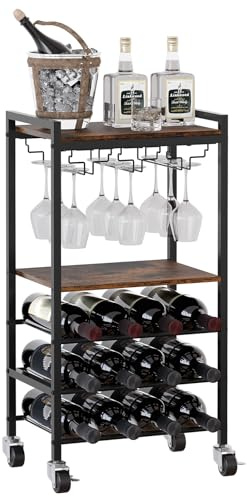 EasyPAG Porta Bottiglie di Vino da Terra per 12 Bottiglie Metallo,Carrello Vino,Portabottiglie da Pavimento,Portavino Autoportante con Portabicchieri per Casa & Cucina,Marrone