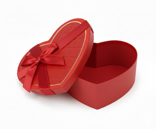 Emartbuy Lyxig presentförpackning med rött hjärta – storlek (16 x 14 x 6 cm) med satinbandrosett | kompakt lyxig låda för choklad, smycken och romantiska presenter