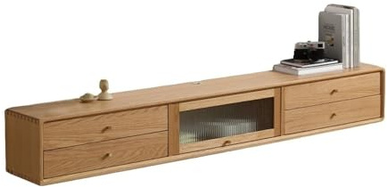 GBEVAUEIO Entertainment Center ﻿Wall-mounted Floating TV Stand, Oak Unit, Double Tier Drawer and Flip-down Glass Door, Modern Media Console Under TVs, Space Saving Space-Saving(1400x250x250)
